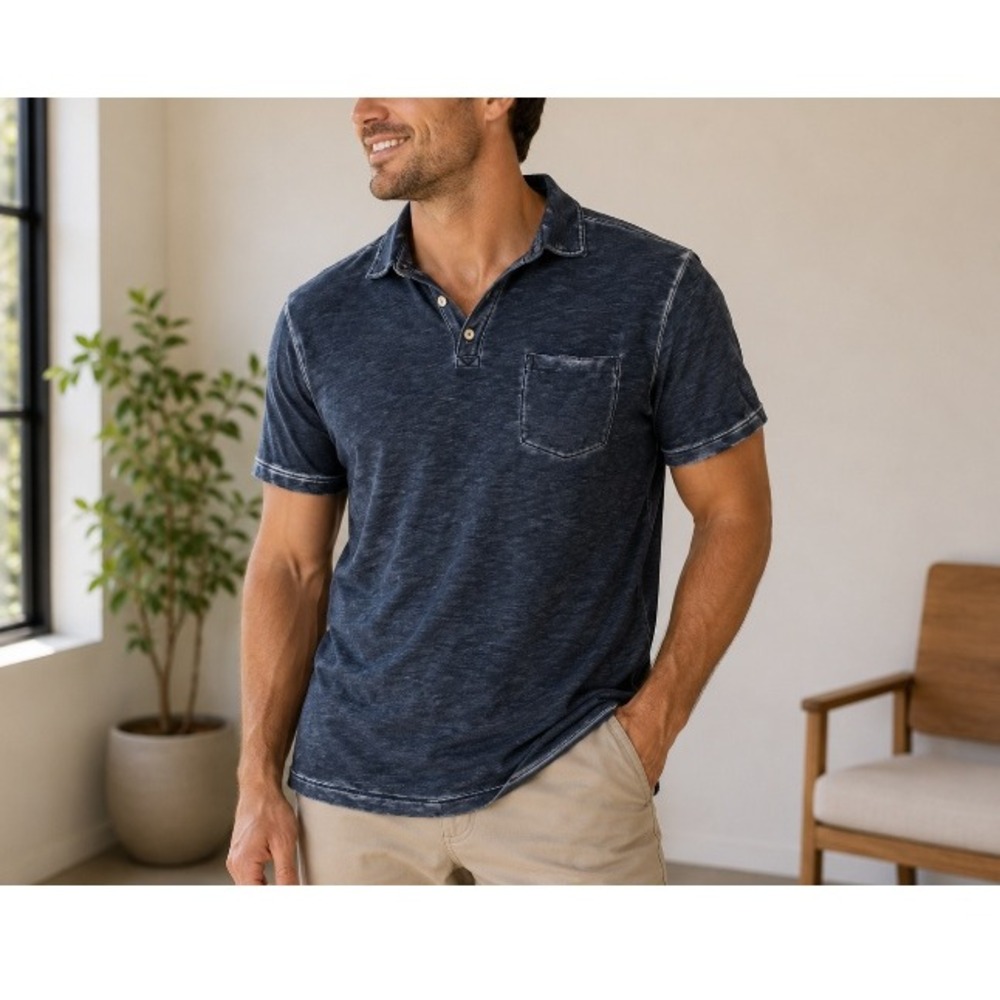 Tommy Bahama Men's Indigo Blue Slub Cotton Pocket Polo Shirt Size M‎